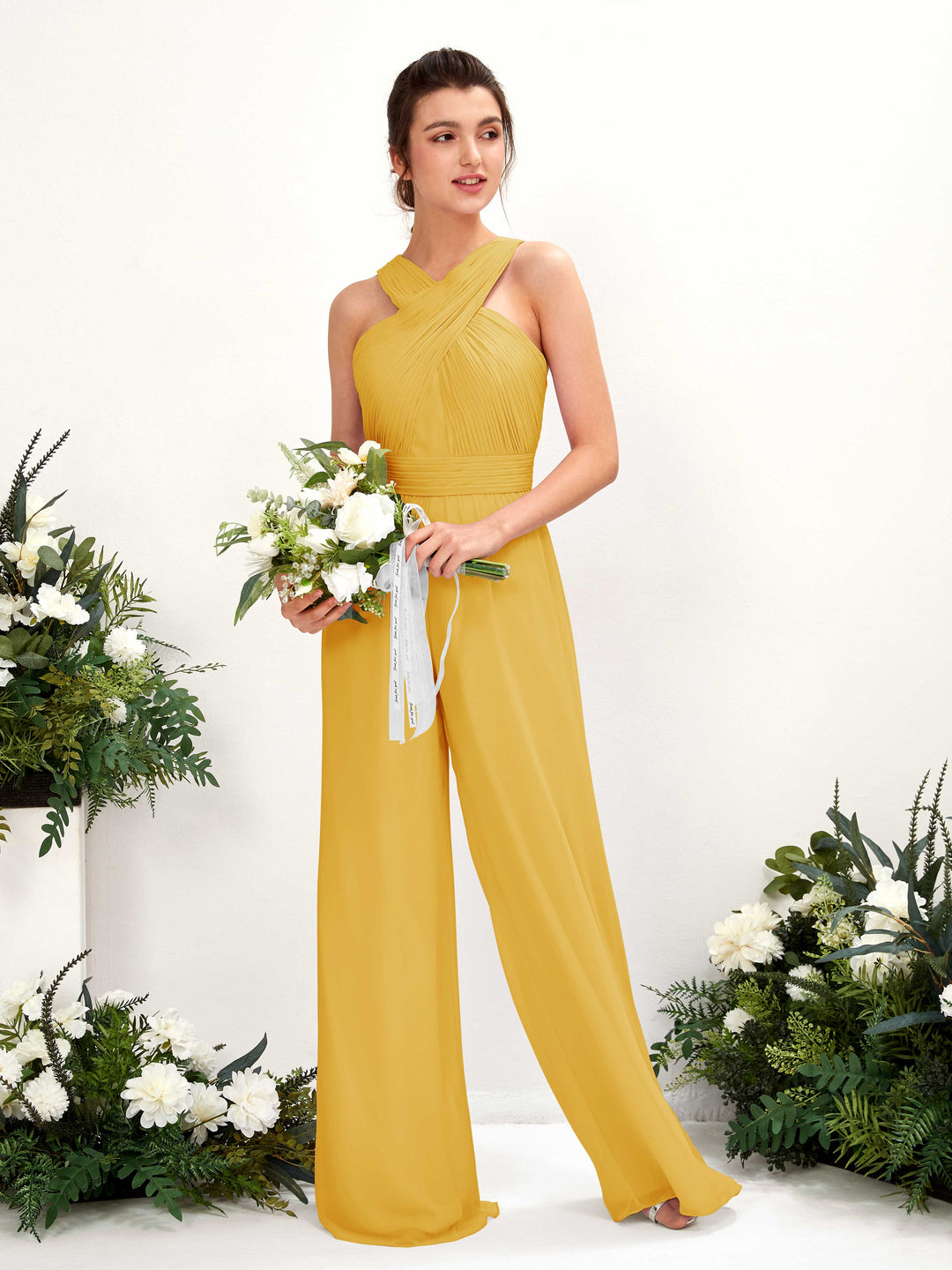 Carlyna Combinaison Encolure croisée Longueur ras du sol Mousseline froncé Robes de demoiselle d&