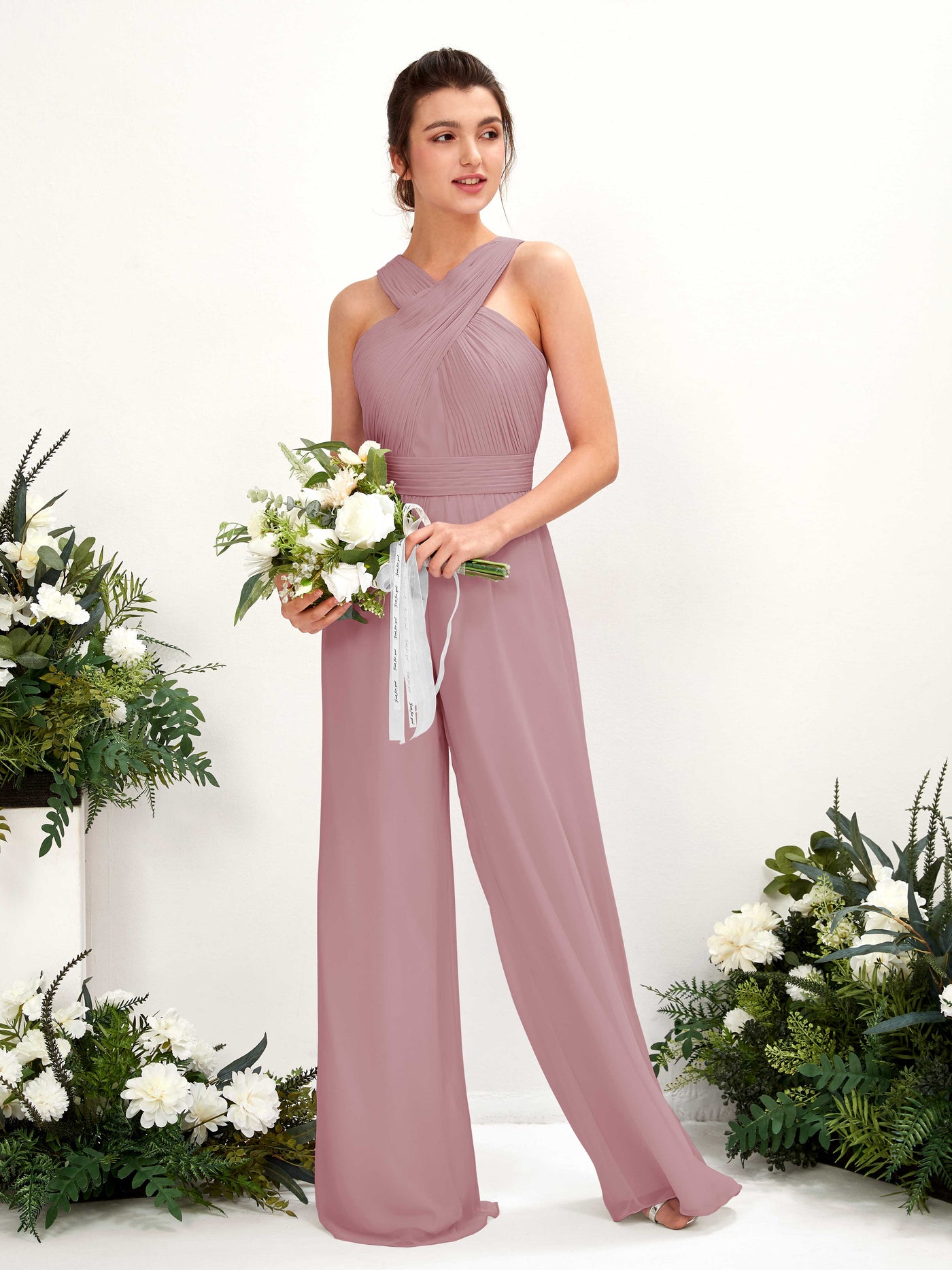 Carlyna Combinaison Encolure croisée Longueur ras du sol Mousseline froncé Robes de demoiselle d'honneur Mauve Vintage #couleur_mauve-vintage