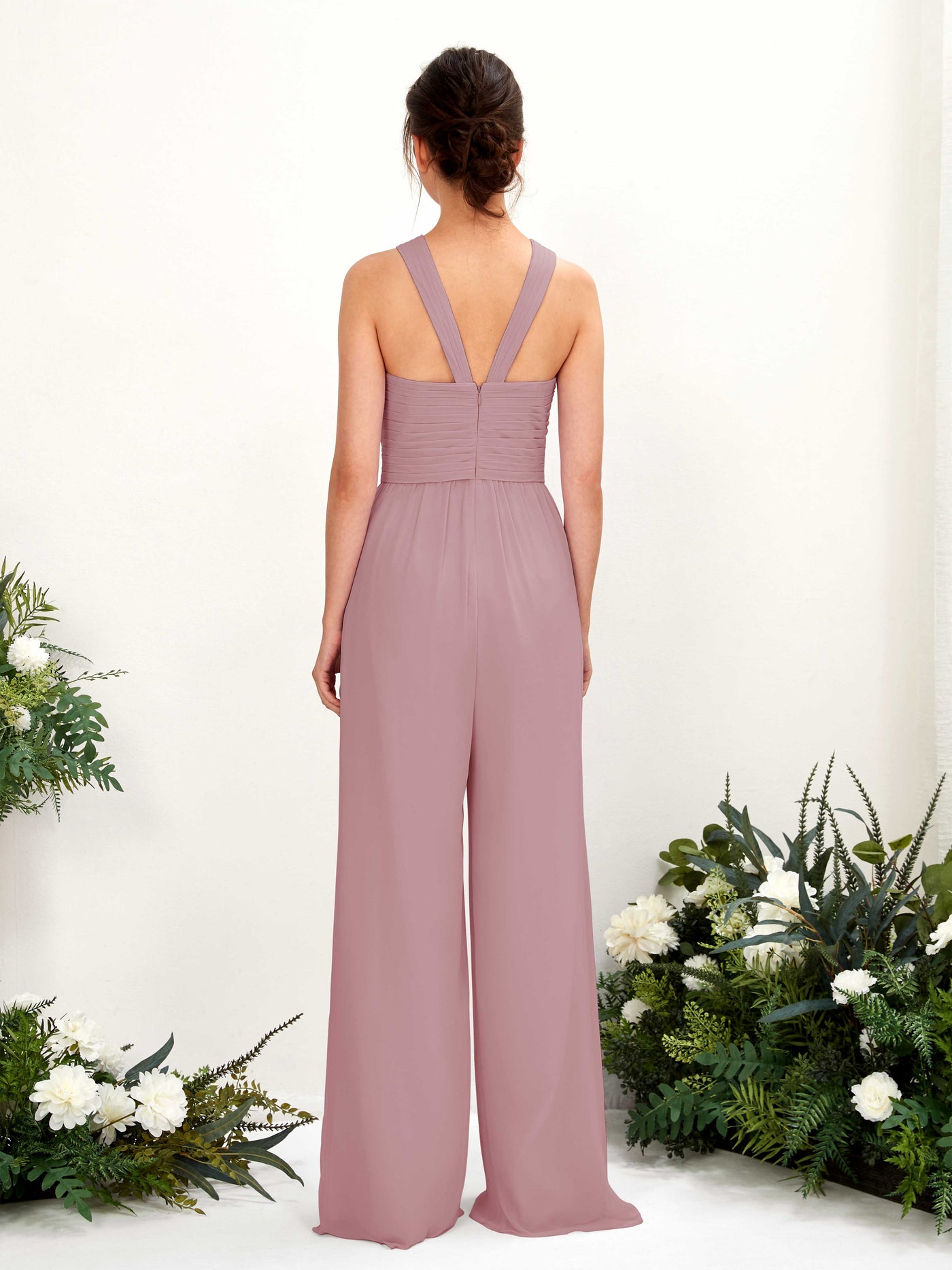 Carlyna Combinaison Encolure croisée Longueur ras du sol Mousseline froncé Robes de demoiselle d'honneur Mauve Vintage #couleur_mauve-vintage