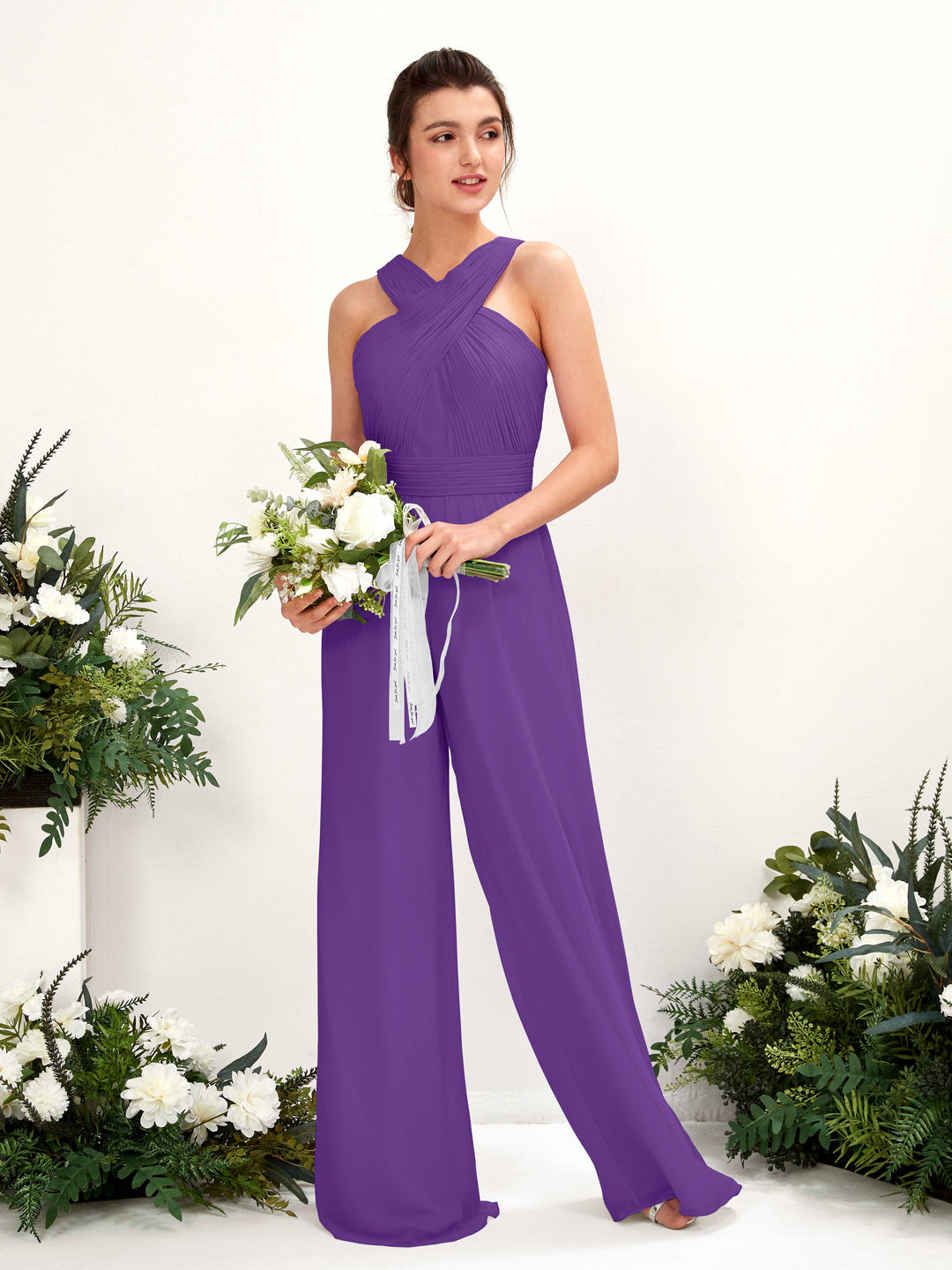Carlyna Combinaison Encolure croisée Longueur ras du sol Mousseline froncé Robes de demoiselle d&