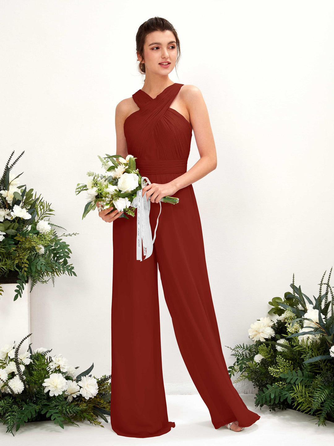 Carlyna Combinaison Encolure croisée Longueur ras du sol Mousseline froncé Robes de demoiselle d&
