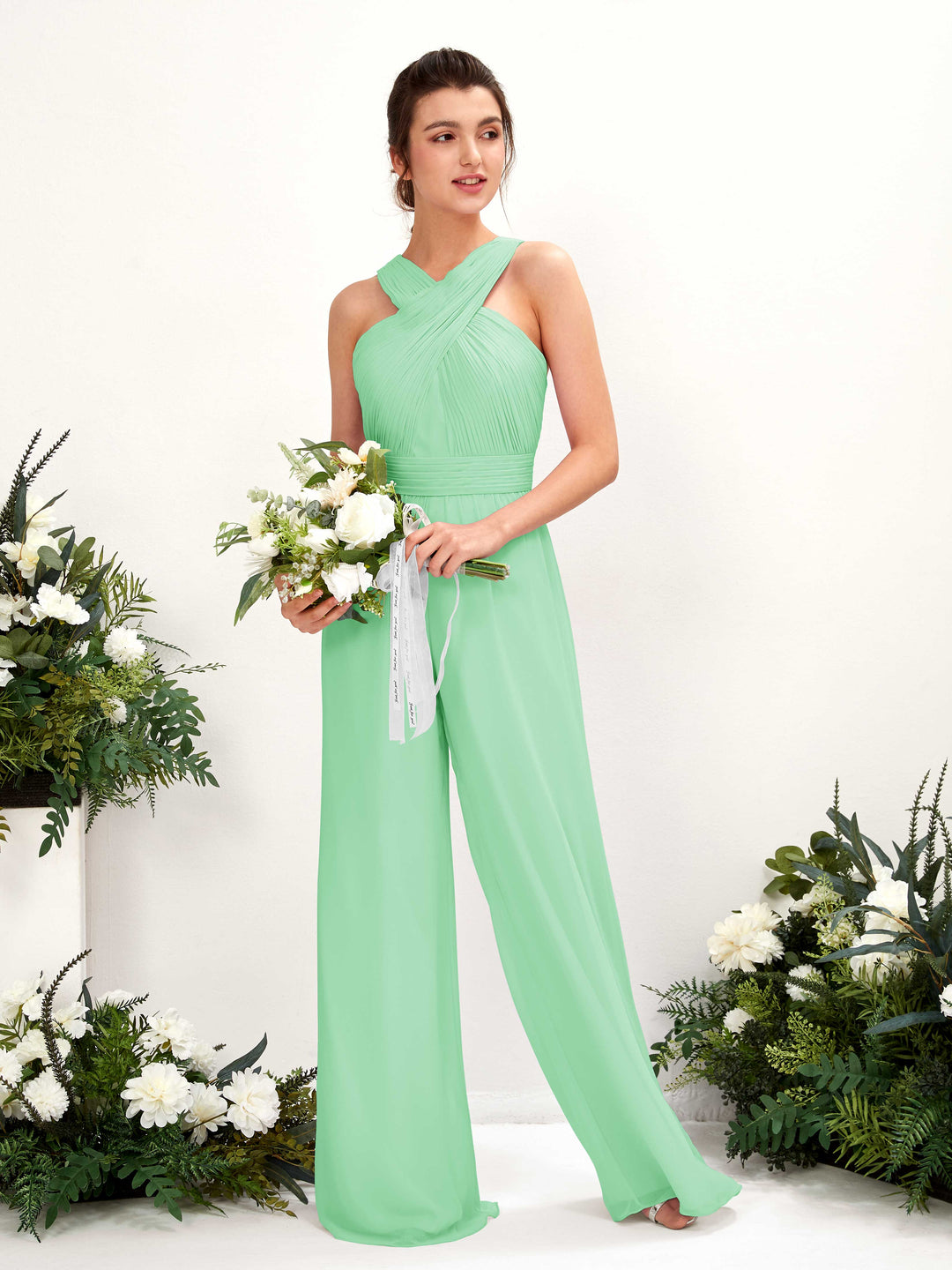 Carlyna Combinaison Encolure croisée Longueur ras du sol Mousseline froncé Robes de demoiselle d&