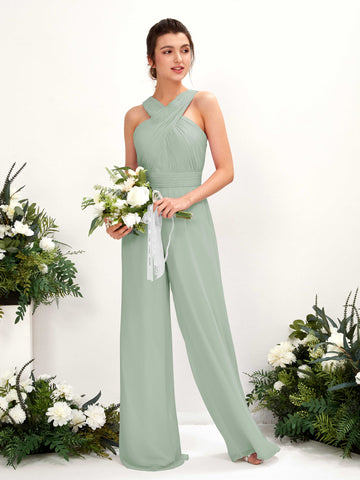 Carlyna Combinaison Encolure croisée Longueur ras du sol Mousseline froncé Robes de demoiselle d'honneur Vert Sauge Foncé #couleur_vert-sauge-fonc
