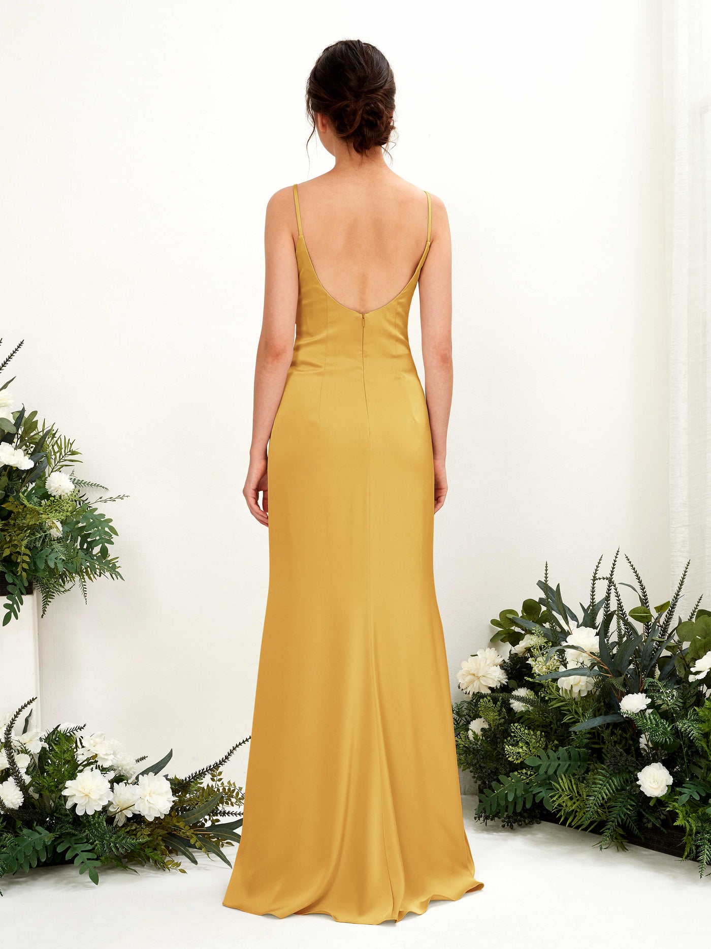 Carlyna Empire Col bénitier Longueur ras du sol Satin Froncé Robes de demoiselle d'honneur Jaune Canari #couleur_jaune-canari