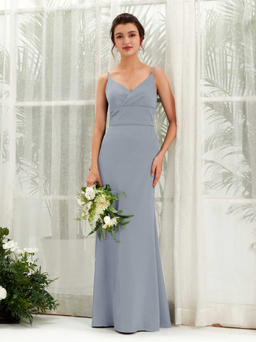 Carlyna Empire Col V Longueur Ras du Sol Satin Robe de Demoiselle d'Honneur Bleu Poussiéreux #couleur_bleu-poussi-reux