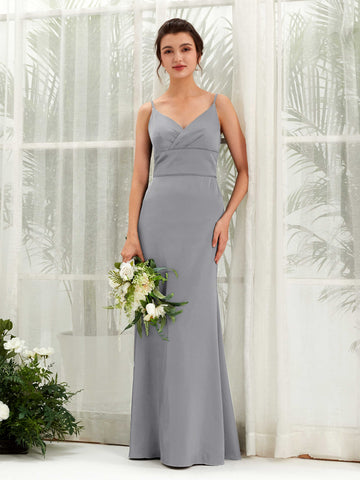 Carlyna Empire Col V Longueur Ras du Sol Satin Robe de Demoiselle d'Honneur Gris Acier #couleur_gris-acier