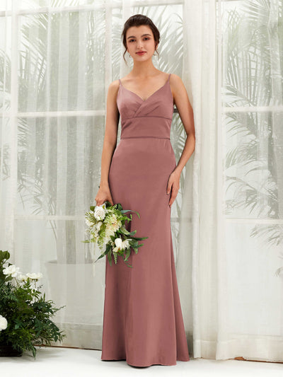 Carlyna Empire Col V Longueur Ras du Sol Satin Robe de Demoiselle d'Honneur Rose Du Désert #couleur_rose-du-d-sert
