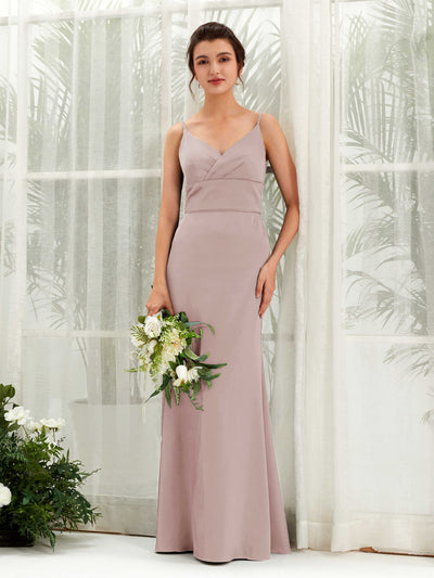 Carlyna Empire Col V Longueur Ras du Sol Satin Robe de Demoiselle d'Honneur Rose Poussiéreux #couleur_rose-poussi-reux