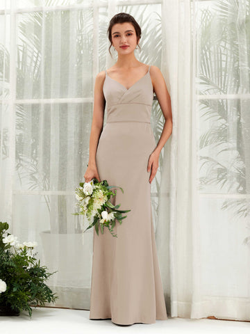 Carlyna Empire Col V Longueur Ras du Sol Satin Robe de Demoiselle d'Honneur Taupe #couleur_taupe