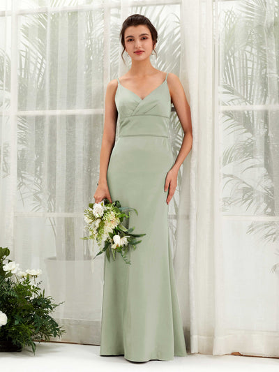 Carlyna Empire Col V Longueur Ras du Sol Satin Robe de Demoiselle d'Honneur Vert Sauge Foncé #couleur_vert-sauge-fonc