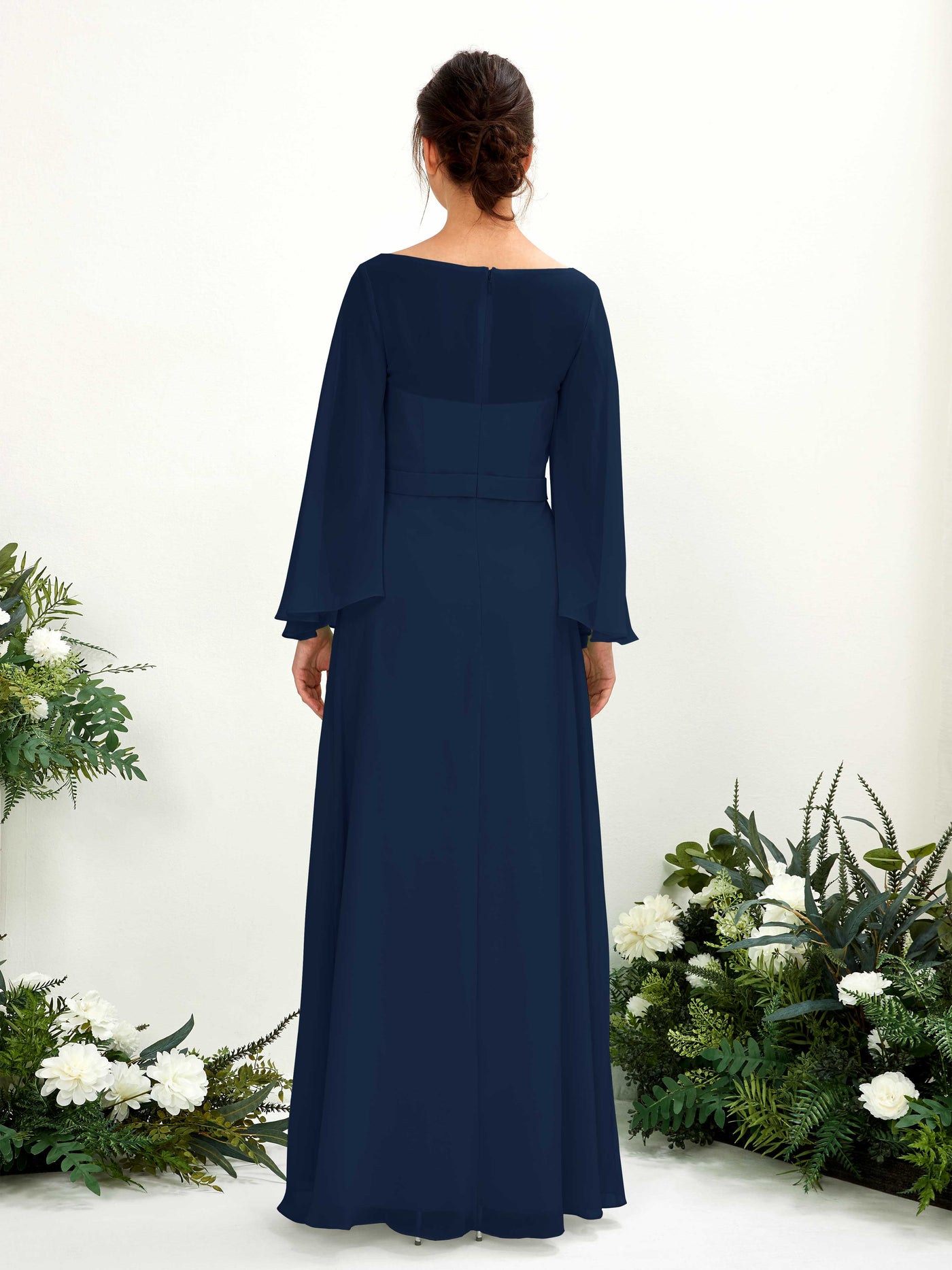 Carlyna Encolure bateau Longueur ras du sol Trapèze Manches longues Robes de demoiselle d'honneur Bleu Marine #couleur_bleu-marine