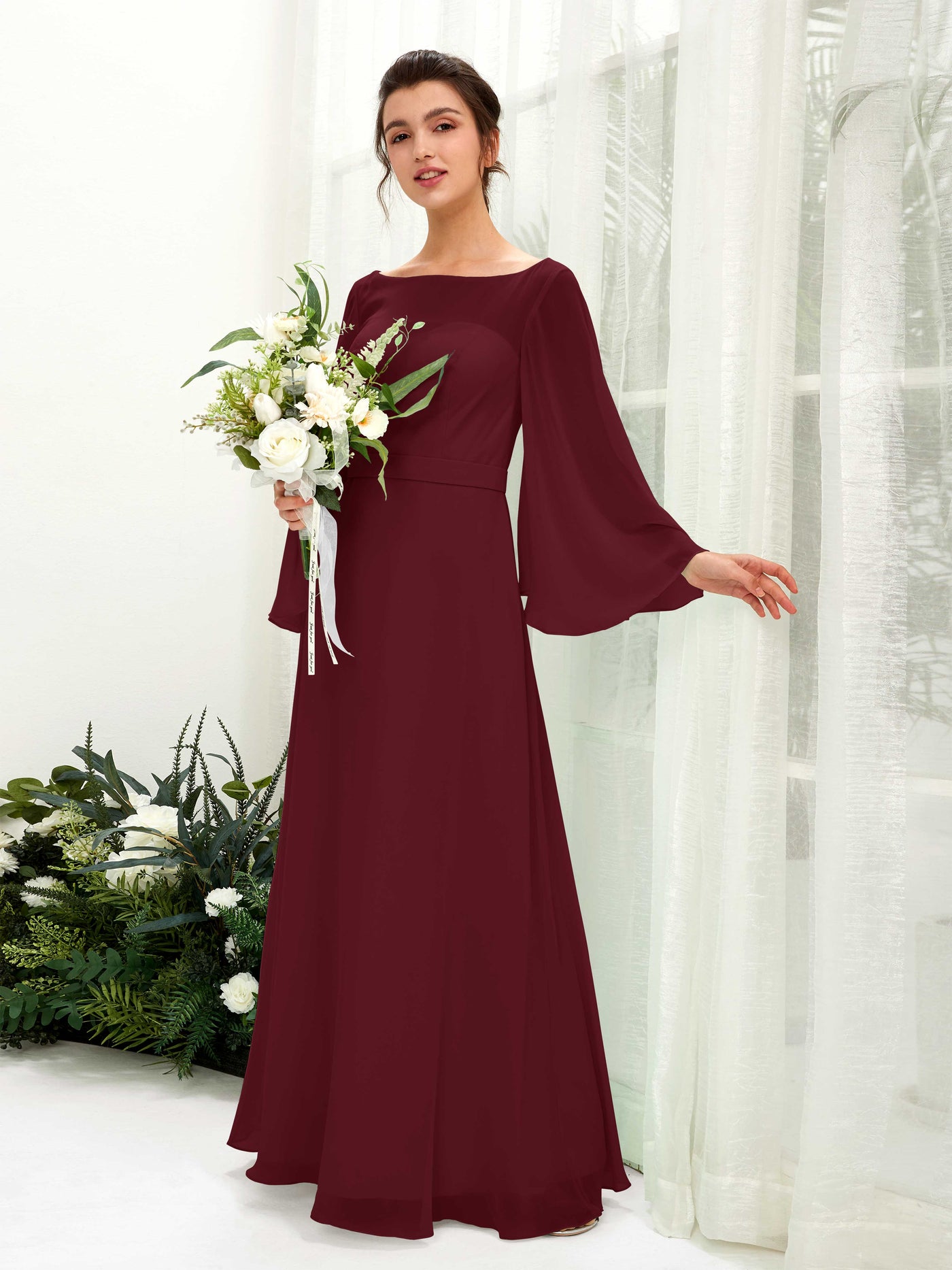 Carlyna Encolure bateau Longueur ras du sol Trapèze Manches longues Robes de demoiselle d'honneur Bordeaux #couleur_bordeaux