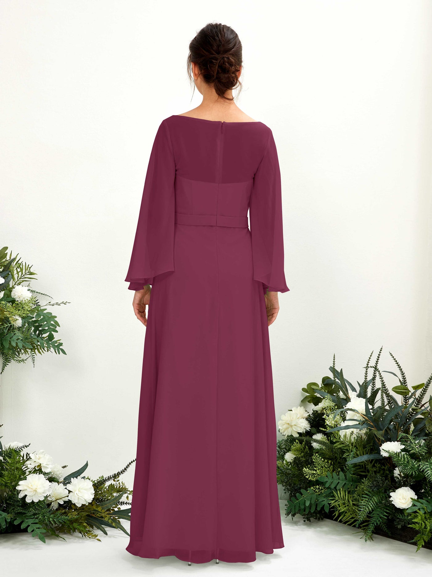 Carlyna Encolure bateau Longueur ras du sol Trapèze Manches longues Robes de demoiselle d'honneur Chianti #couleur_chianti