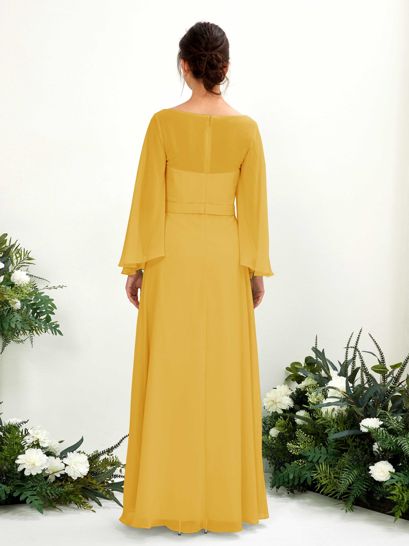 Carlyna Encolure bateau Longueur ras du sol Trapèze Manches longues Robes de demoiselle d'honneur Jaune Moutard #couleur_jaune-moutard