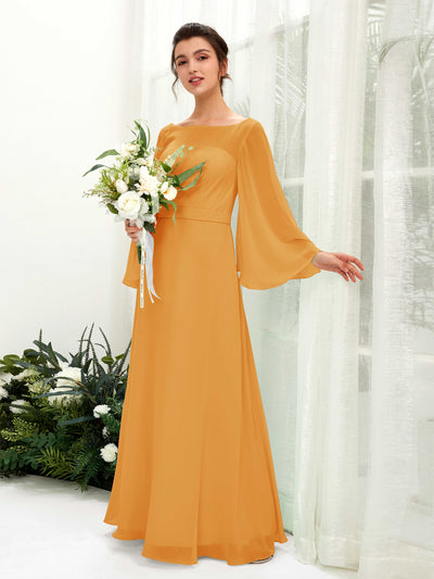 Carlyna Encolure bateau Longueur ras du sol Trapèze Manches longues Robes de demoiselle d'honneur Mangue #couleur_mangue
