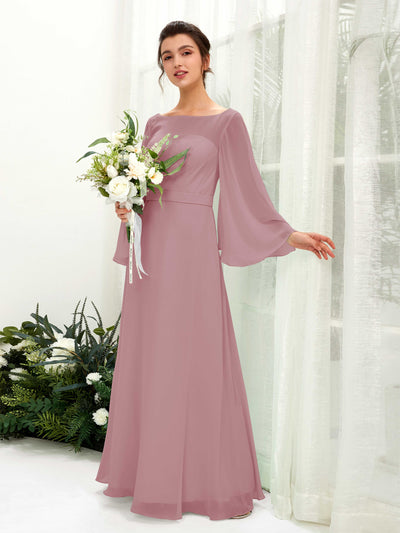 Carlyna Encolure bateau Longueur ras du sol Trapèze Manches longues Robes de demoiselle d'honneur Mauve Vintage #couleur_mauve-vintage