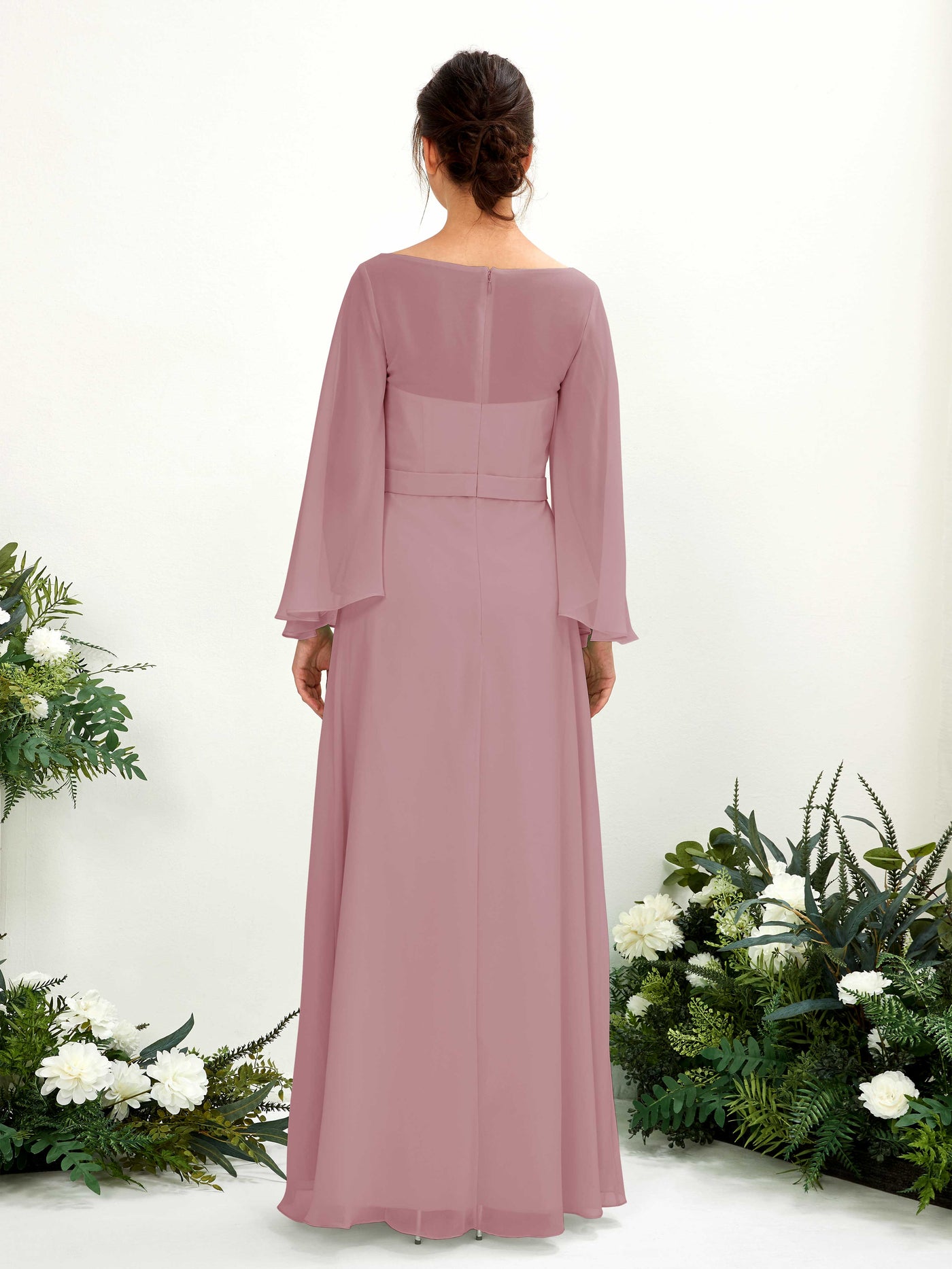 Carlyna Encolure bateau Longueur ras du sol Trapèze Manches longues Robes de demoiselle d'honneur Mauve Vintage #couleur_mauve-vintage