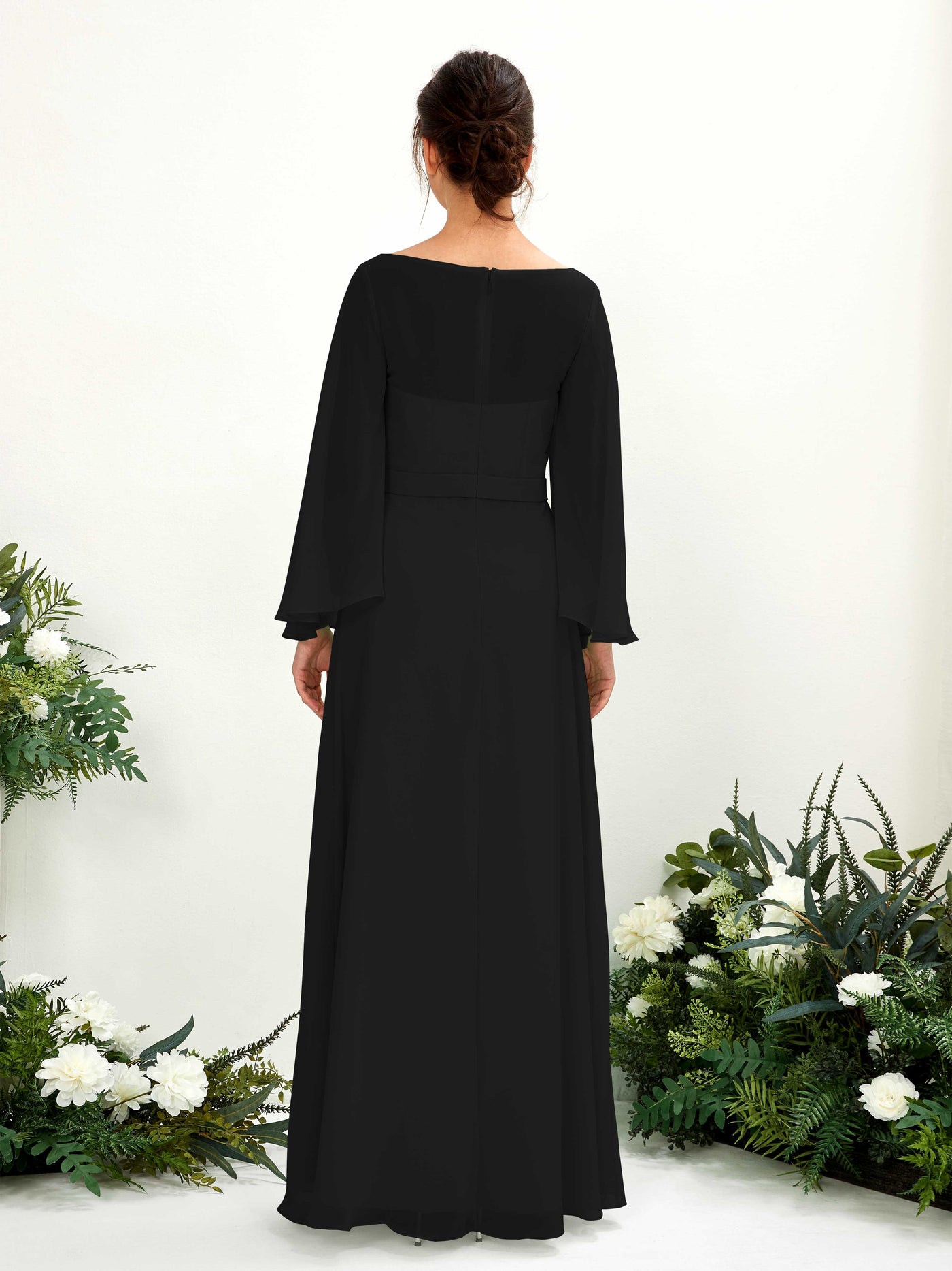 Carlyna Encolure bateau Longueur ras du sol Trapèze Manches longues Robes de demoiselle d'honneur Noir #couleur_noir