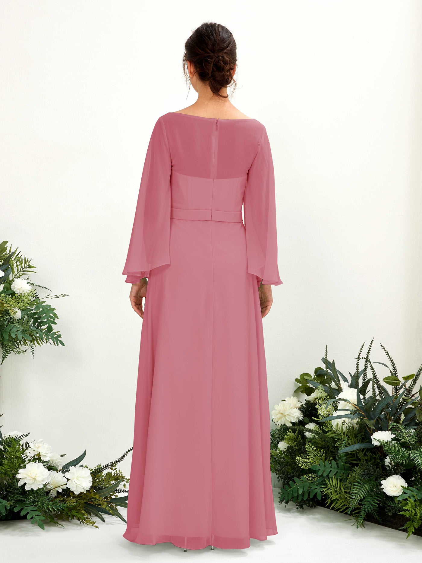 Carlyna Encolure bateau Longueur ras du sol Trapèze Manches longues Robes de demoiselle d'honneur Rose Du Désert #couleur_rose-du-d-sert