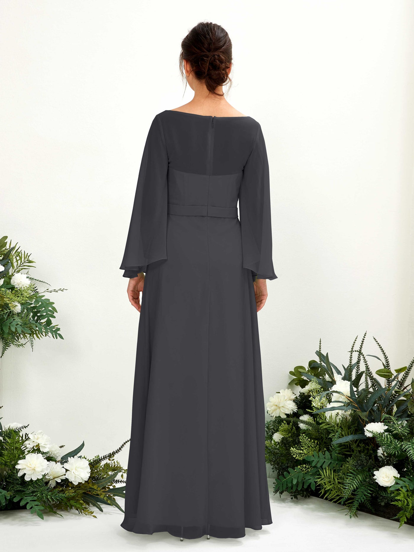 Carlyna Encolure bateau Longueur ras du sol Trapèze Manches longues Robes de demoiselle d'honneur Étain #couleur_tain