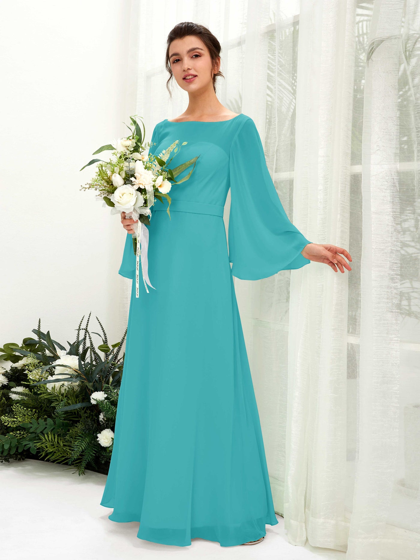 Carlyna Encolure bateau Longueur ras du sol Trapèze Manches longues Robes de demoiselle d'honneur Turquoise #couleur_turquoise