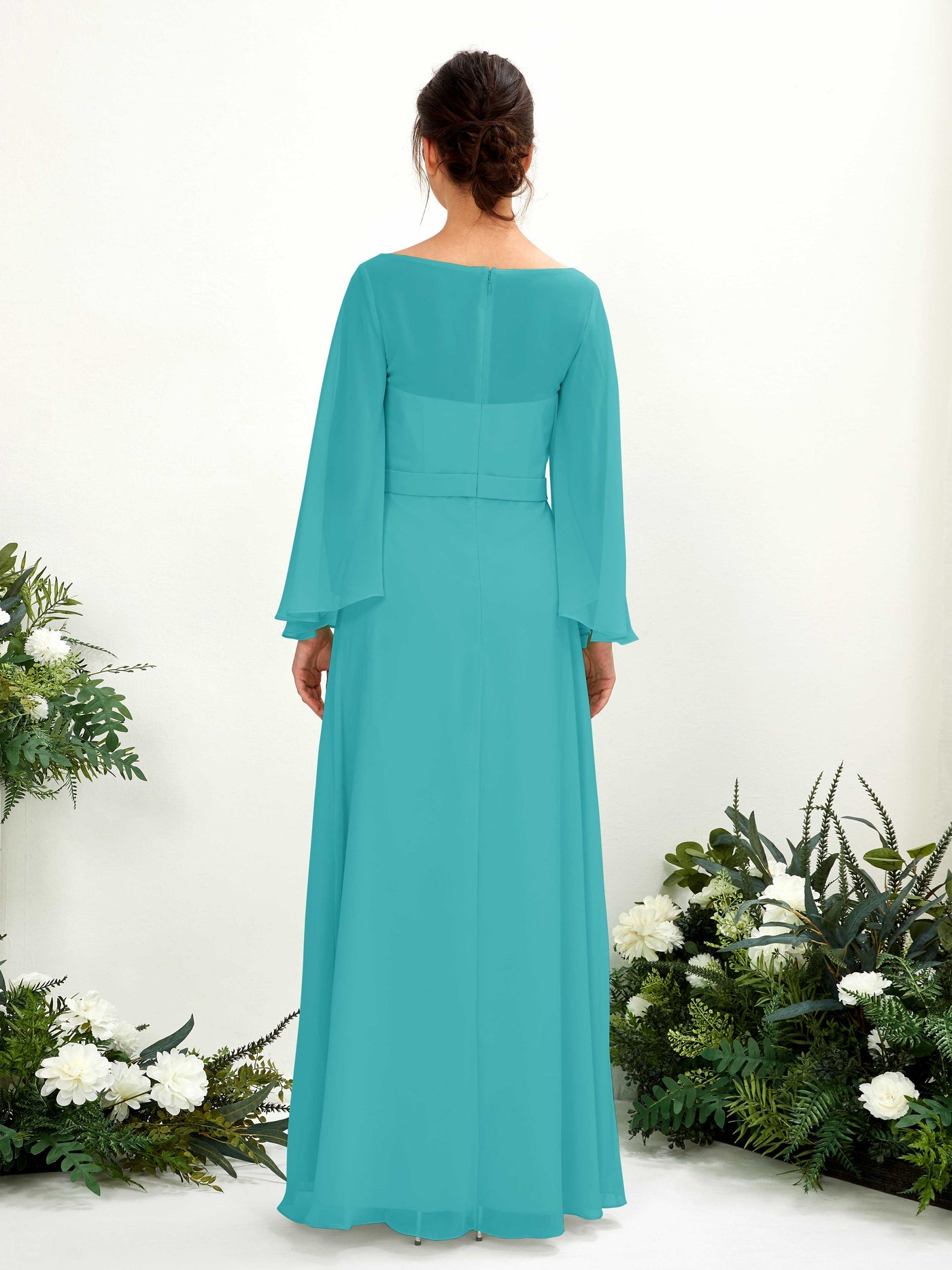 Carlyna Encolure bateau Longueur ras du sol Trapèze Manches longues Robes de demoiselle d'honneur Turquoise #couleur_turquoise