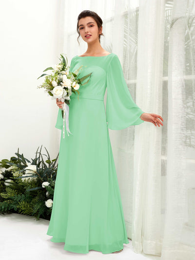Carlyna Encolure bateau Longueur ras du sol Trapèze Manches longues Robes de demoiselle d'honneur Vert Menthe #couleur_vert-menthe