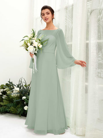 Carlyna Encolure bateau Longueur ras du sol Trapèze Manches longues Robes de demoiselle d'honneur Vert Sauge Foncé #couleur_vert-sauge-fonc