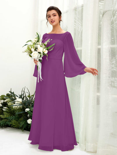Carlyna Encolure bateau Longueur ras du sol Trapèze Manches longues Robes de demoiselle d'honneur Violet #couleur_violet