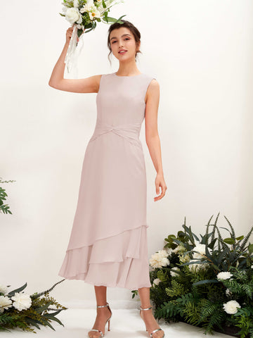 Carlyna Fourreau Col rond Longueur mollet Mousseline Robe de demoiselle d'honneur Biscotti #couleur_biscotti