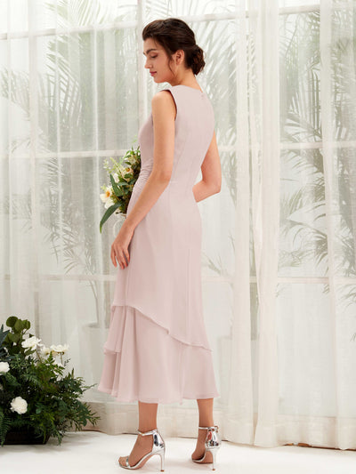 Carlyna Fourreau Col rond Longueur mollet Mousseline Robe de demoiselle d'honneur Biscotti #couleur_biscotti