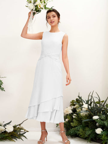 Carlyna Fourreau Col rond Longueur mollet Mousseline Robe de demoiselle d'honneur Blanc #couleur_blanc