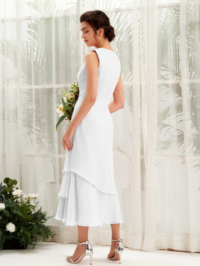 Carlyna Fourreau Col rond Longueur mollet Mousseline Robe de demoiselle d'honneur Blanc #couleur_blanc