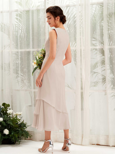 Carlyna Fourreau Col rond Longueur mollet Mousseline Robe de demoiselle d'honneur Champagne #couleur_champagne