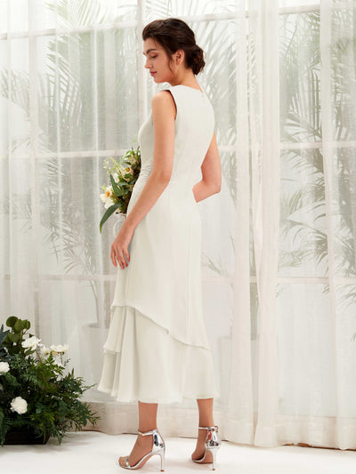 Carlyna Fourreau Col rond Longueur mollet Mousseline Robe de demoiselle d'honneur Ivoire #couleur_ivoire