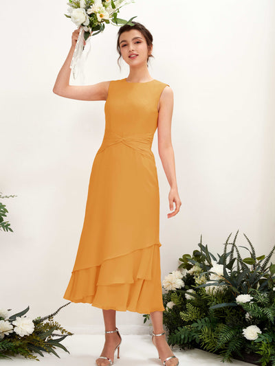Carlyna Fourreau Col rond Longueur mollet Mousseline Robe de demoiselle d'honneur Mangue #couleur_mangue