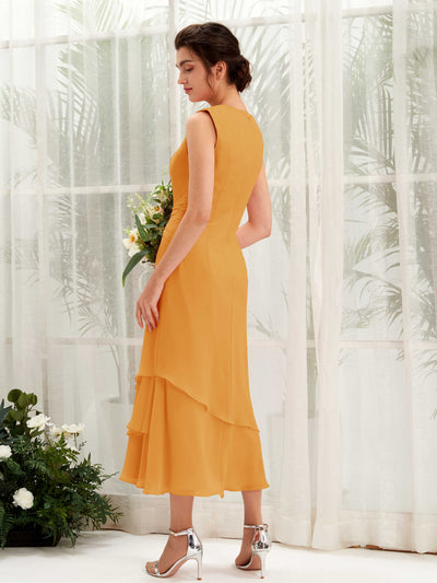 Carlyna Fourreau Col rond Longueur mollet Mousseline Robe de demoiselle d'honneur Mangue #couleur_mangue