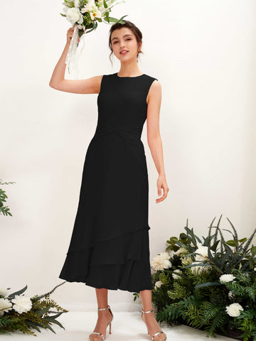 Carlyna Fourreau Col rond Longueur mollet Mousseline Robe de demoiselle d'honneur Noir #couleur_noir