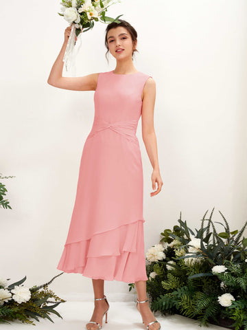 Carlyna Fourreau Col rond Longueur mollet Mousseline Robe de demoiselle d'honneur Rose Ballet #couleur_rose-ballet
