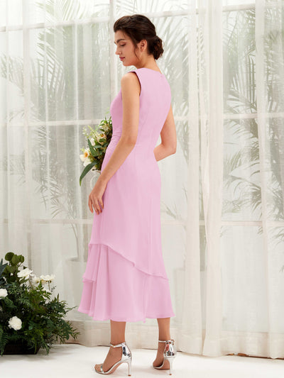 Carlyna Fourreau Col rond Longueur mollet Mousseline Robe de demoiselle d'honneur Rose Bonbon #couleur_rose-bonbon