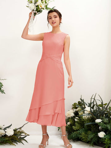 Carlyna Fourreau Col rond Longueur mollet Mousseline Robe de demoiselle d'honneur Rose Pêche #couleur_rose-p-che