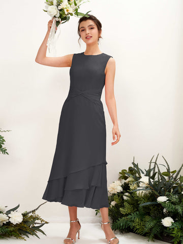 Carlyna Fourreau Col rond Longueur mollet Mousseline Robe de demoiselle d'honneur Étain #couleur_tain