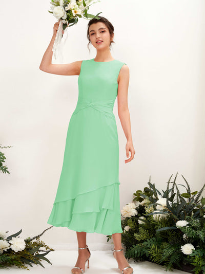 Carlyna Fourreau Col rond Longueur mollet Mousseline Robe de demoiselle d'honneur Vert Menthe #couleur_vert-menthe