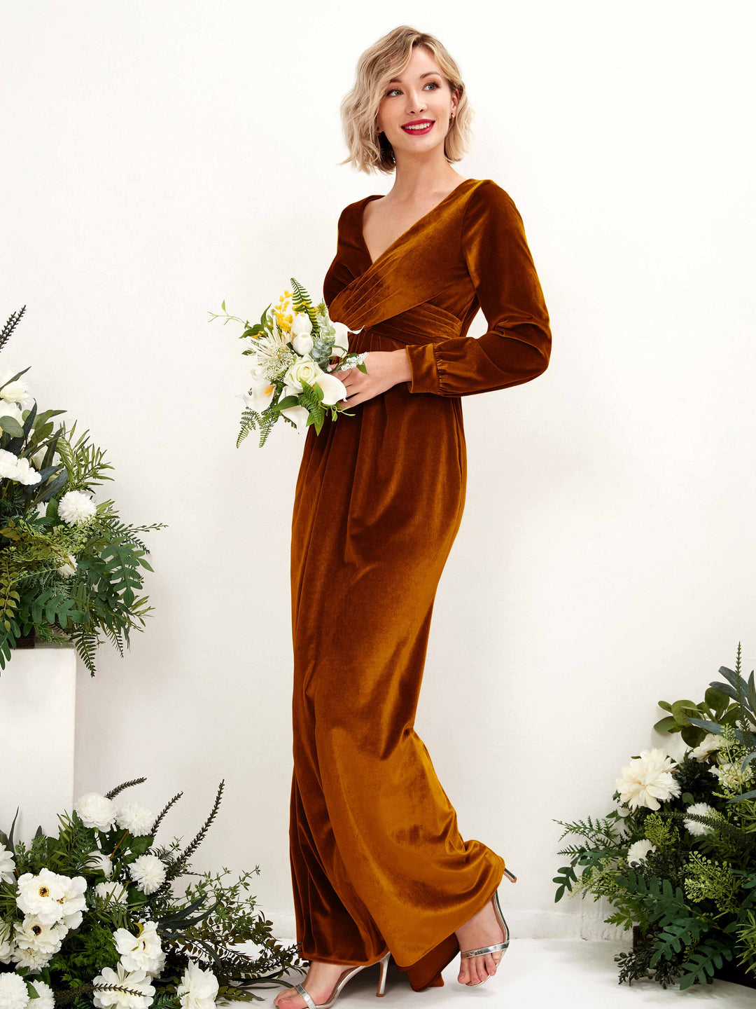 Carlyna Fourreau Col V Encolure croisée Manches Longues Longueur ras du sol Velours Robes de demoiselle d&