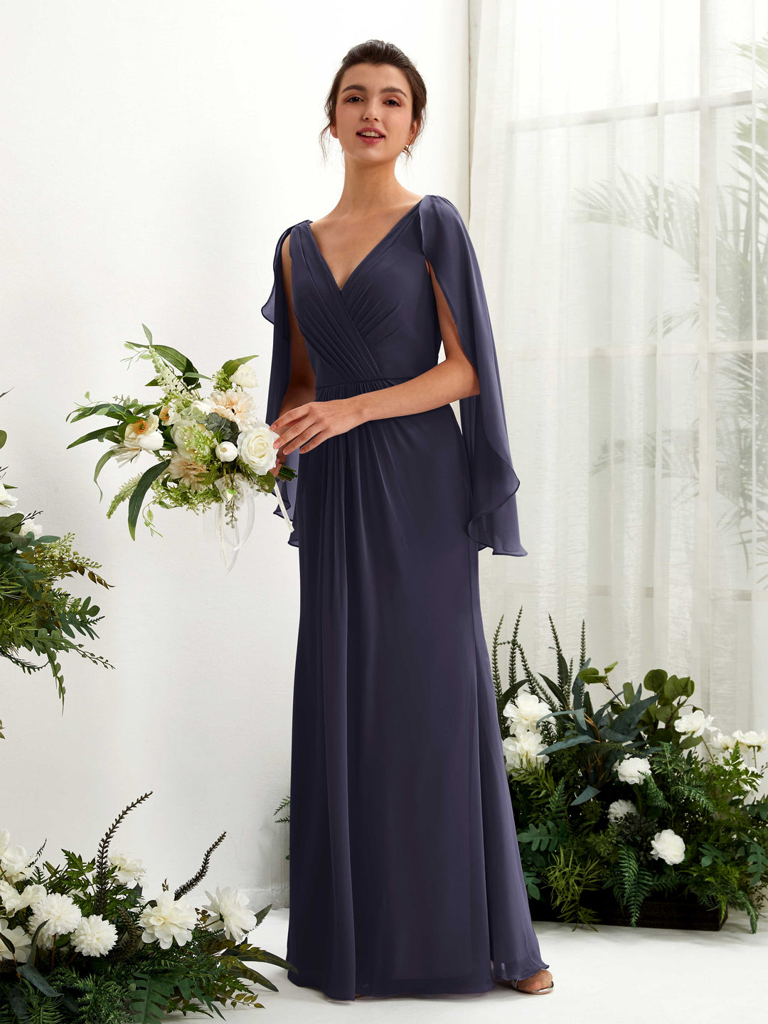 Carlyna Fourreau Col V Manches Cape Mousseline Robe de demoiselle d&