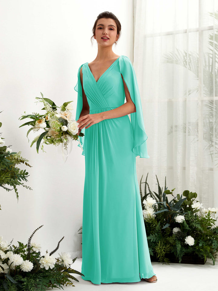 Carlyna Fourreau Col V Manches Cape Mousseline Robe de demoiselle d&