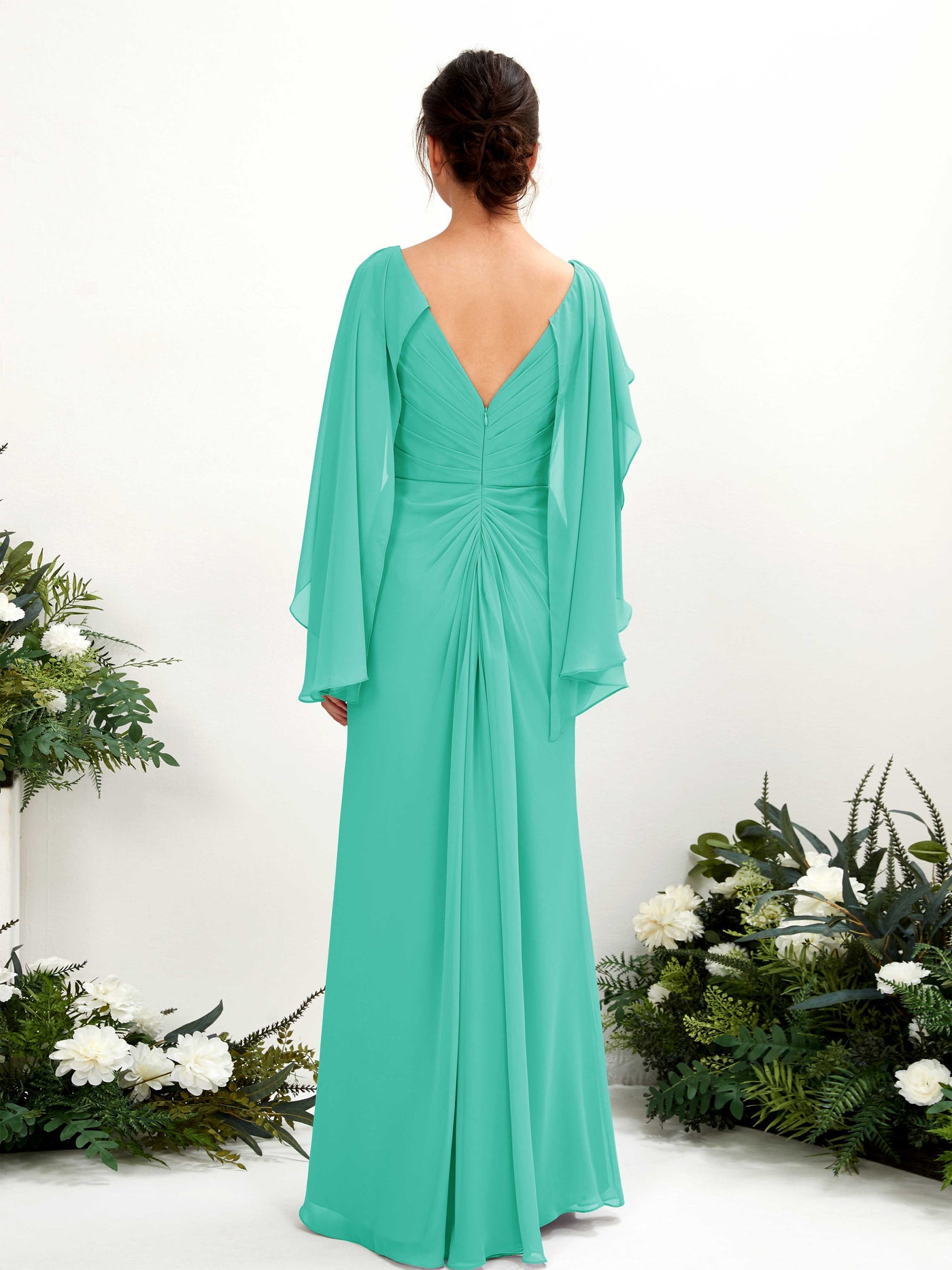 Carlyna Fourreau Col V Manches Cape Mousseline Robe de demoiselle d'honneur Bleu Tiffany #couleur_bleu-tiffany