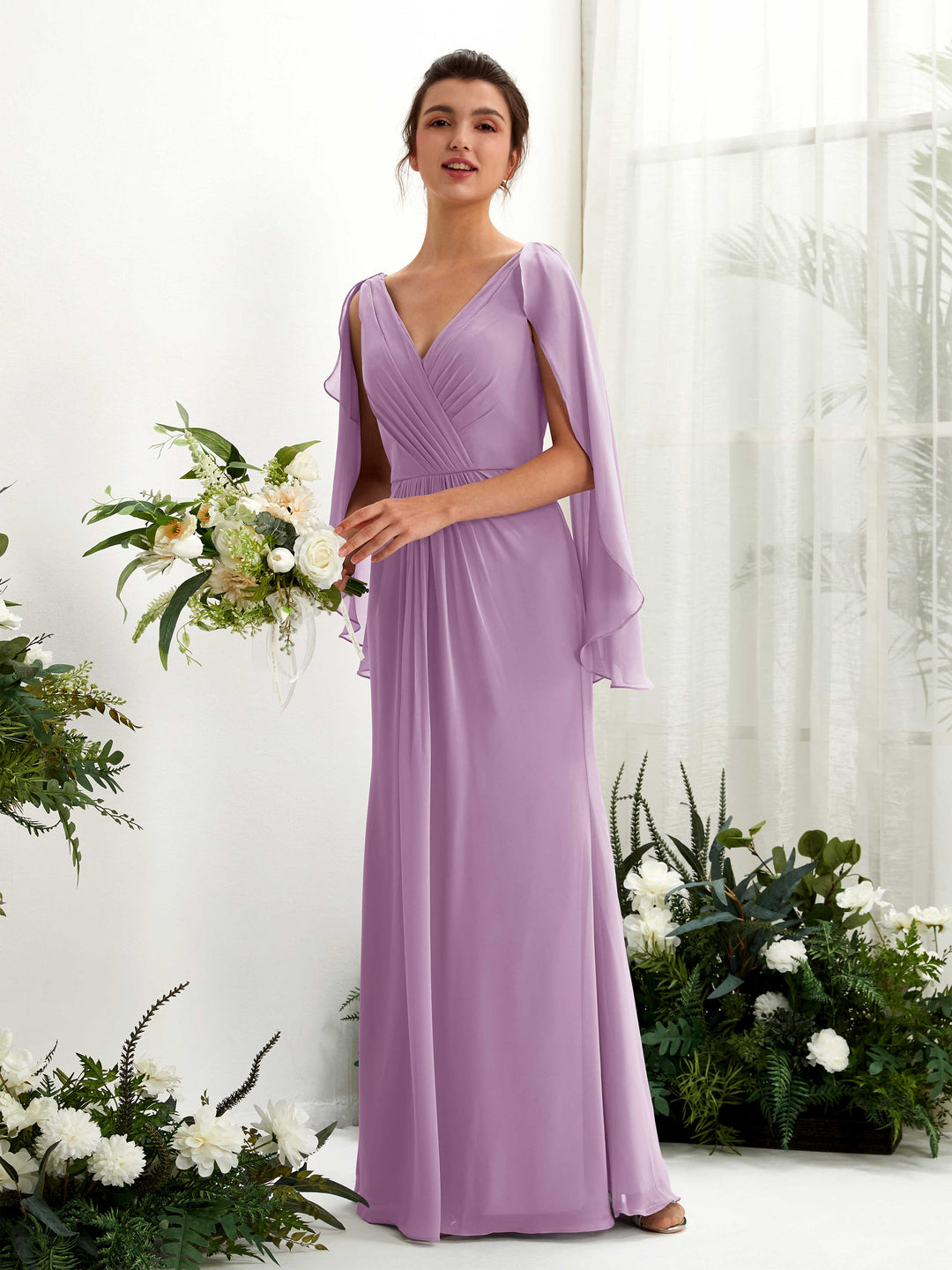Carlyna Fourreau Col V Manches Cape Mousseline Robe de demoiselle d&