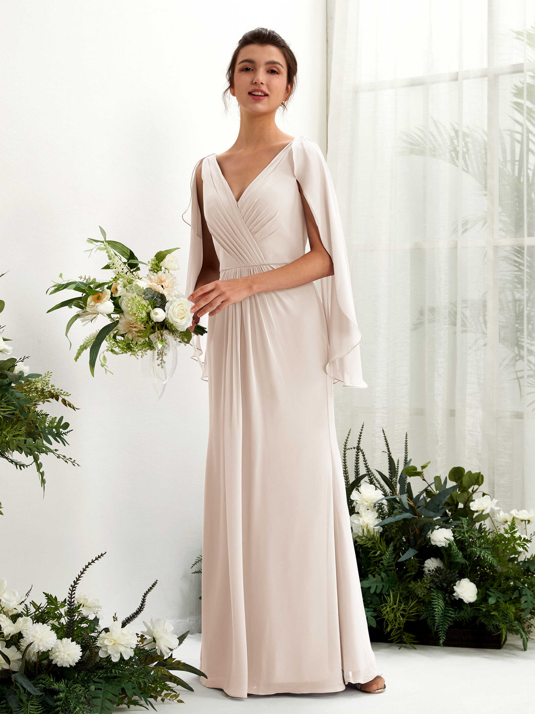 Carlyna Fourreau Col V Manches Cape Mousseline Robe de demoiselle d&