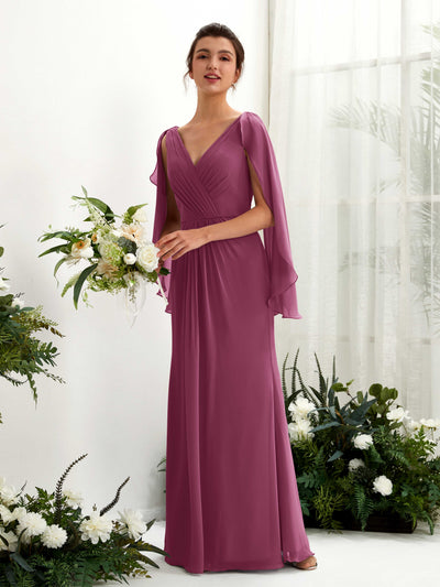 Carlyna Fourreau Col V Manches Cape Mousseline Robe de demoiselle d'honneur Chianti #couleur_chianti